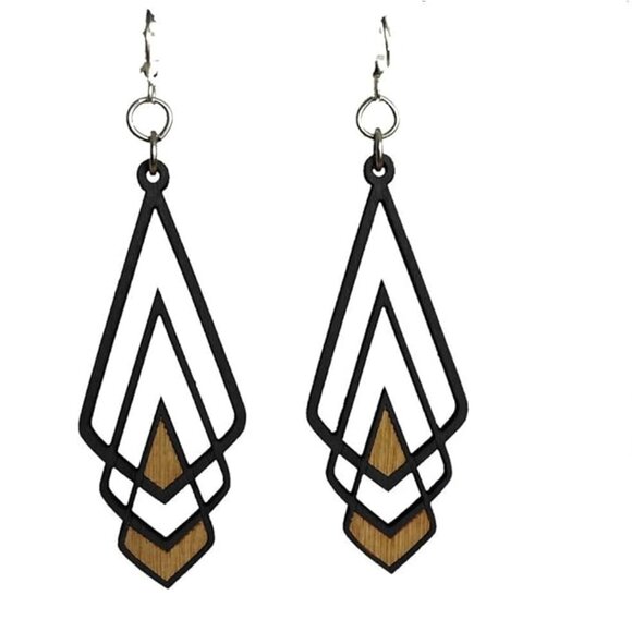 Chevron Deco Earrings | Laser Cut Wood | Art Deco | Black & Brown - Picture 1 of 3
